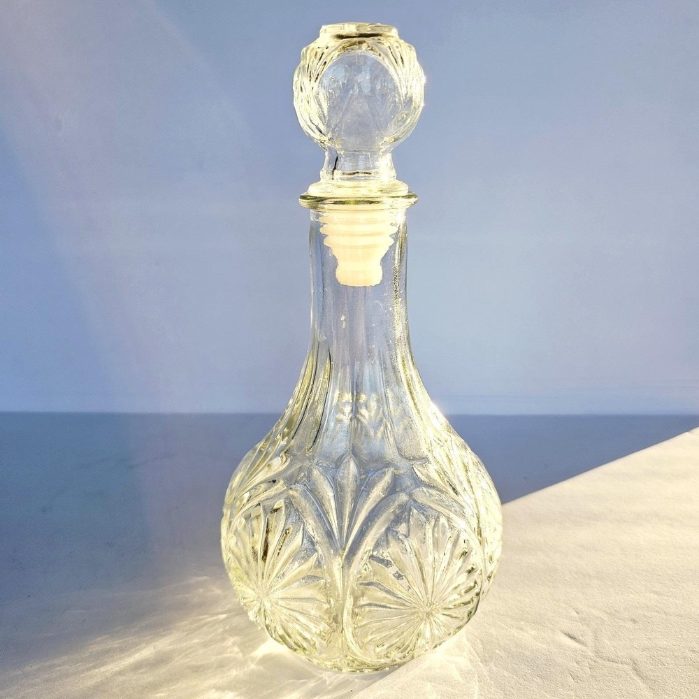 Vintage Clear Glass Decanter Sunburst Leaf‎ Pattern Orb Stopper Barware Decor